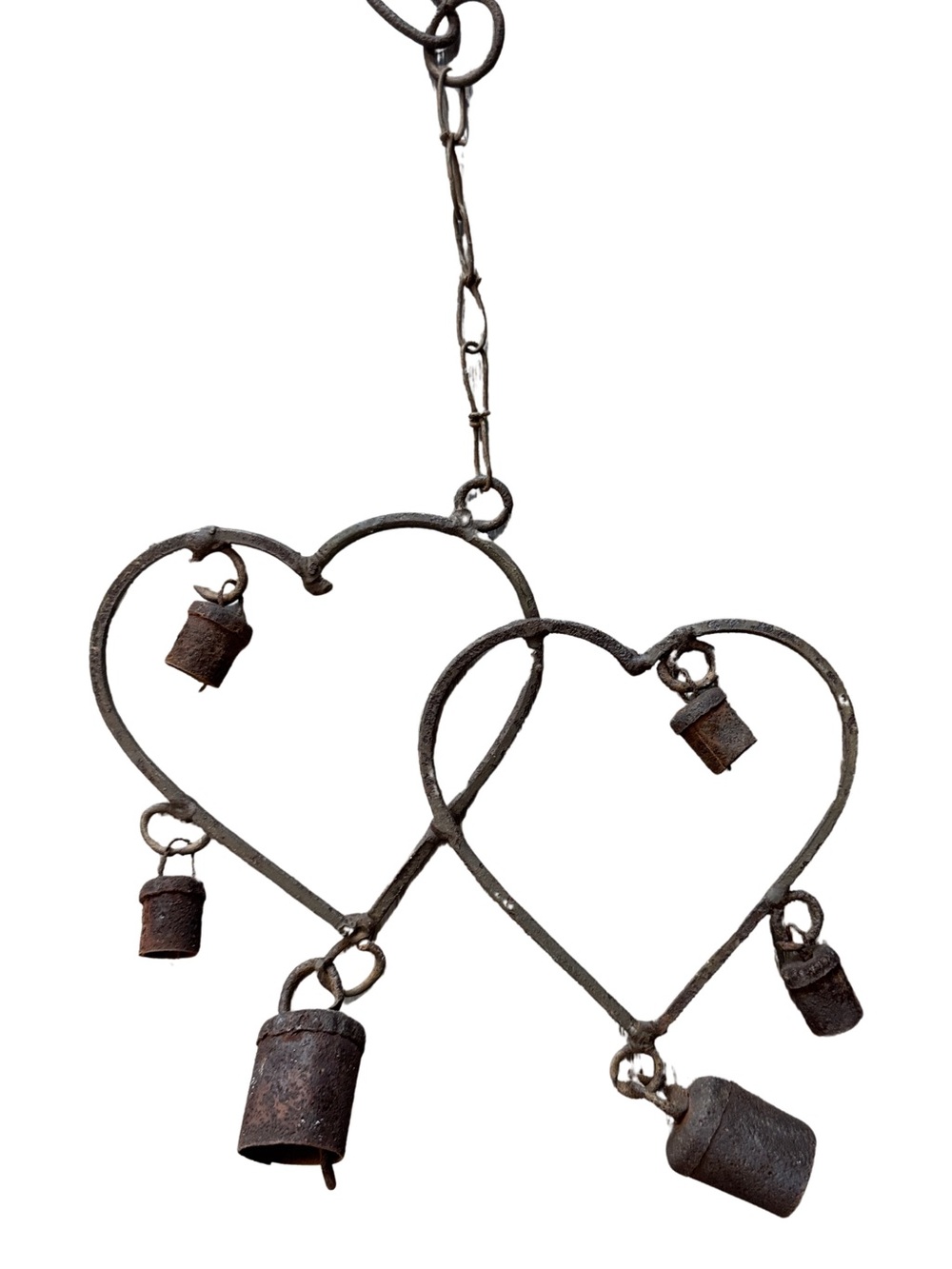 Vtg Handmade Rustic Double Heart Hanging Windchime Cow Bell Decor